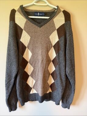 T. Harris London Himalayan Yak Wool Argyle V-Neck Sweater Gray Flawed Size L